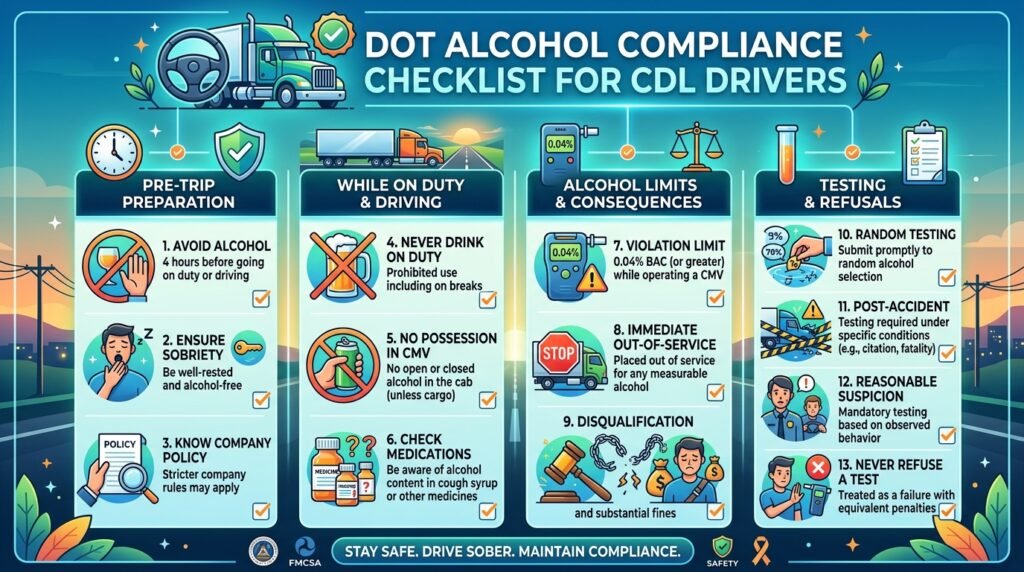 DOT alcohol testing compliance checklist for CDL drivers, 7 steps to stay compliant