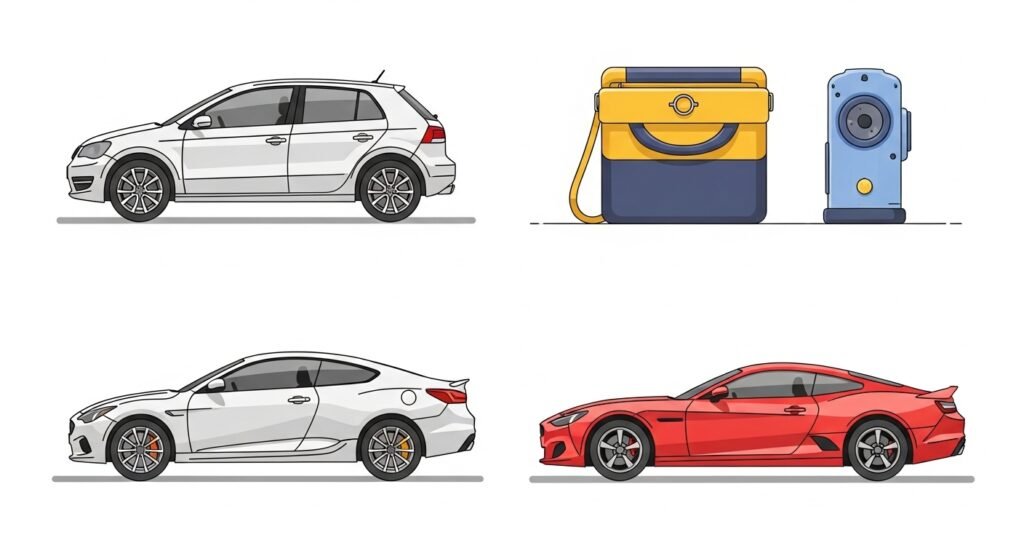 Illustration showing the difference between collision insurance (hitting a pole) and comprehensive insurance (flood damage).
