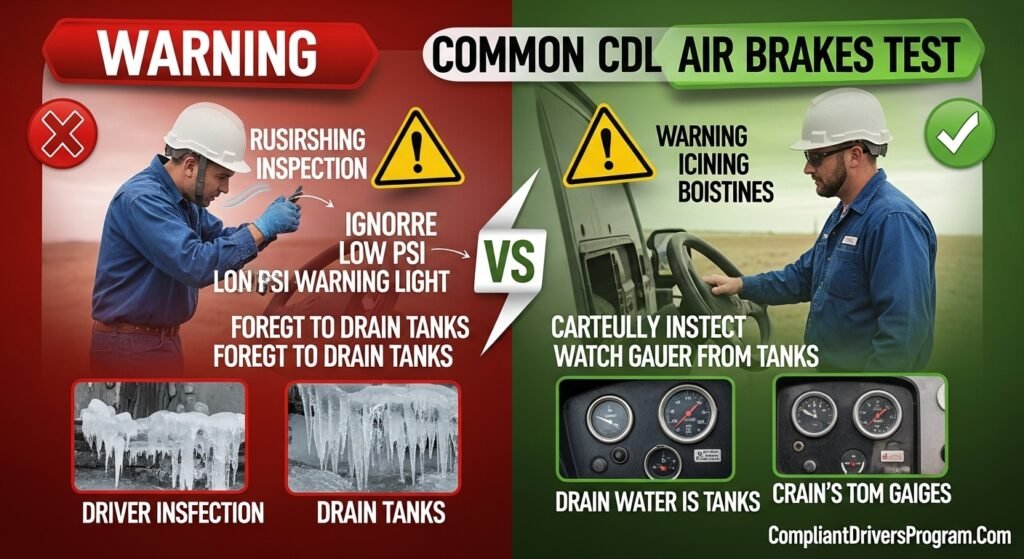 Visual comparison of common air brakes test mistakes versus correct procedures for CDL success