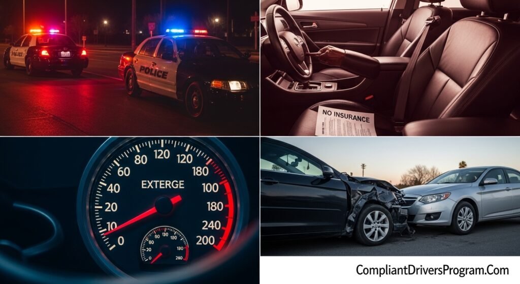 Four scenarios requiring SR-22 insurance - DUI traffic stop, driving without insurance, speeding, and at-fault accident situations
