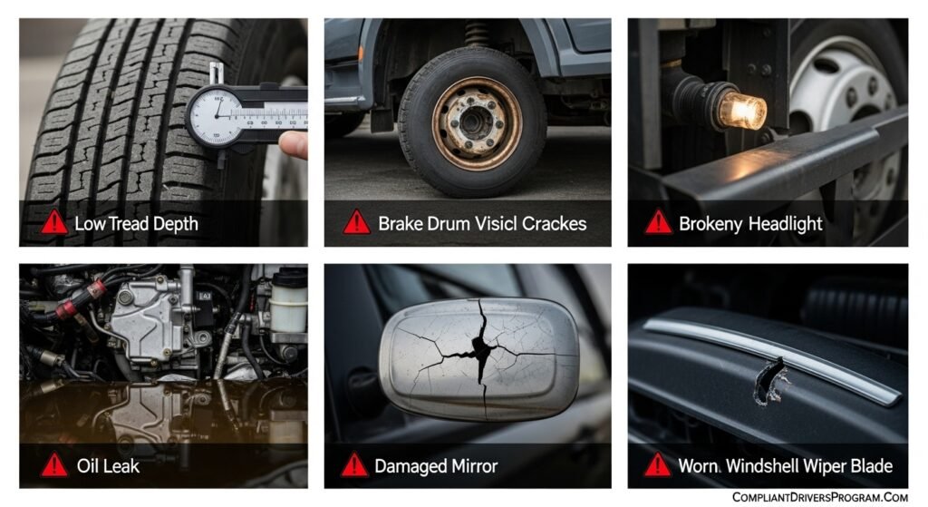 Six-panel grid showing common vehicle inspection defects including worn tires brakes lights and leaks