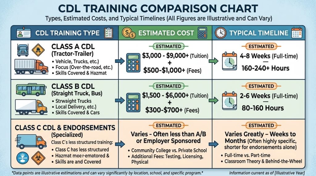 CDL training programs comparison showing cost and completion time for different options