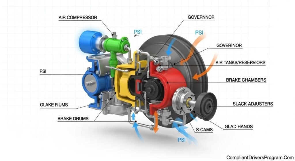 Detailed labeled diagram showing all air brake system components including compressor governor tanks and chambers