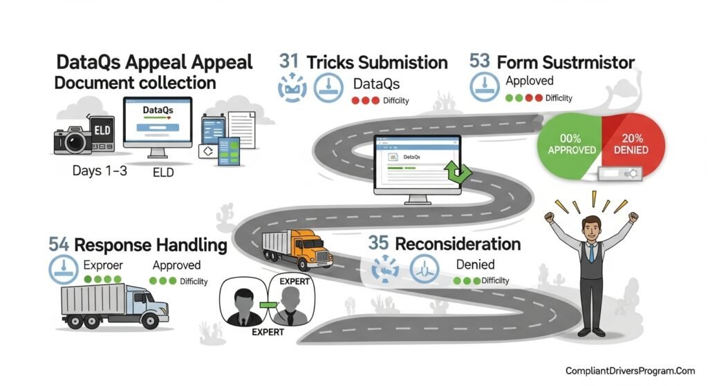 Six-step visual roadmap showing complete DataQs appeal process from evidence collection to successful resolution