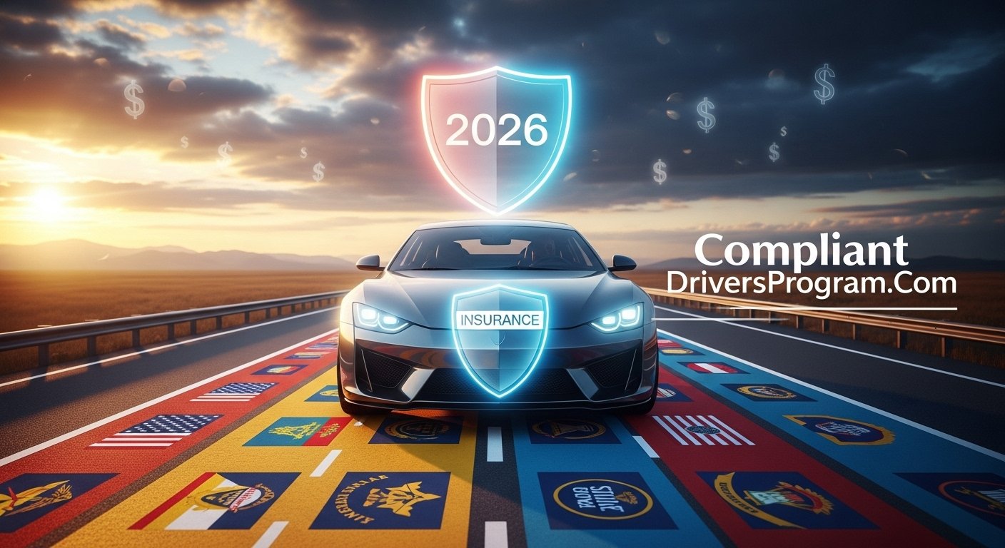 US map showing different car insurance requirements with protective shield and modern vehicle representing state-by-state coverage guide 2026