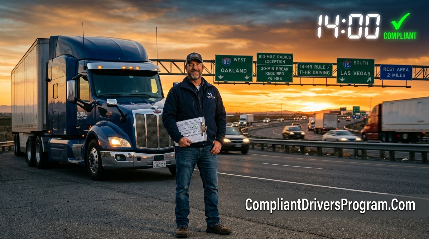 Truck driver standing next to semi-truck at sunset reviewing HOS exceptions checklist with highway signs in background