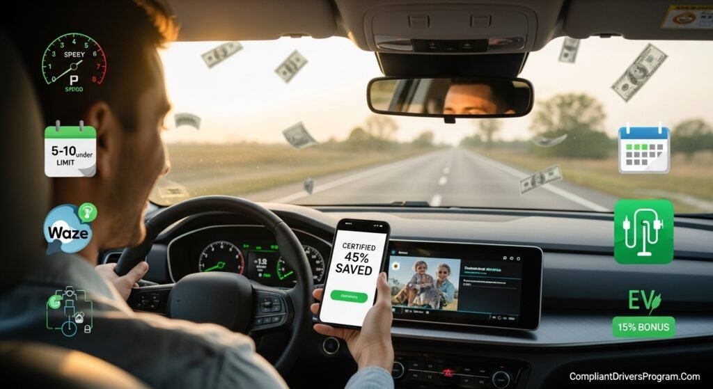 Happy certified driver checking phone savings notification with open road ahead representing insurance savings success