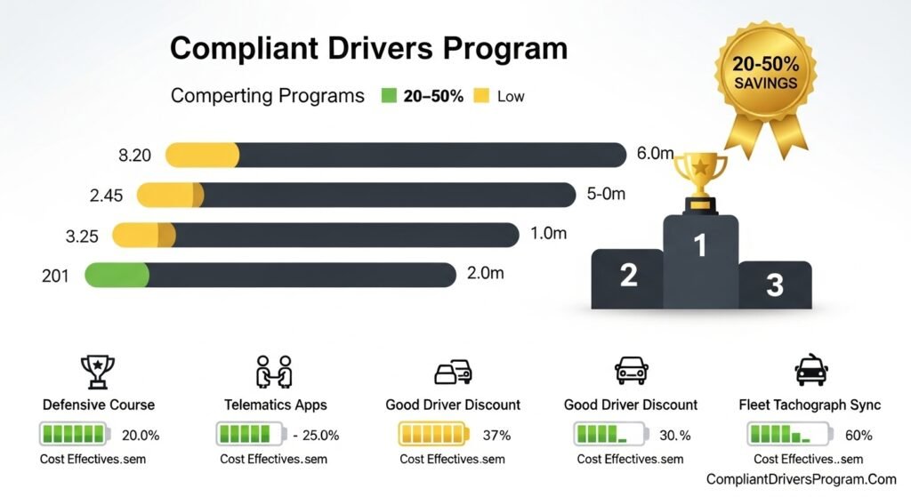 Visual comparison chart showing compliant drivers program versus defensive courses telematics and fleet programs