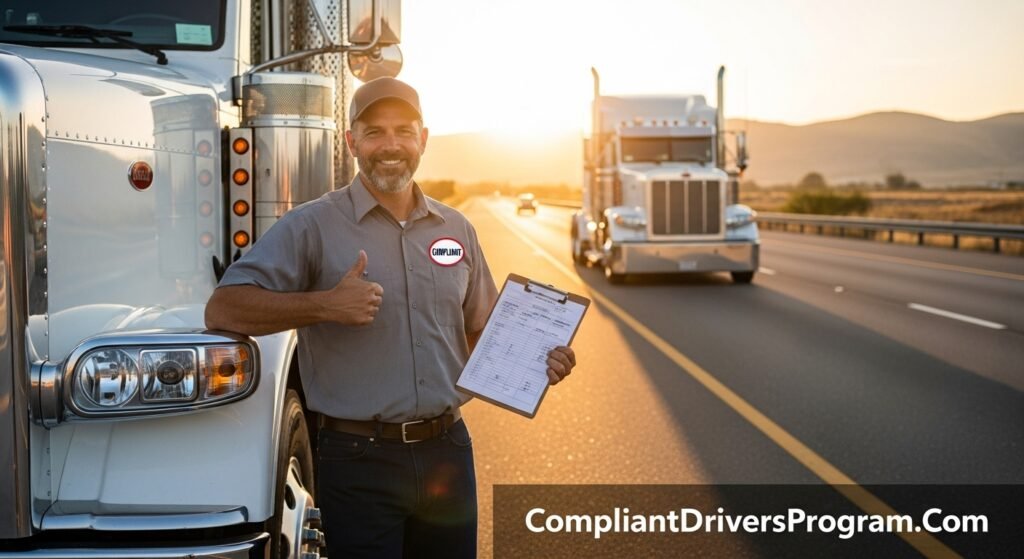 Confident truck driver with thumbs up holding completed DVIR next to semi-truck at sunrise