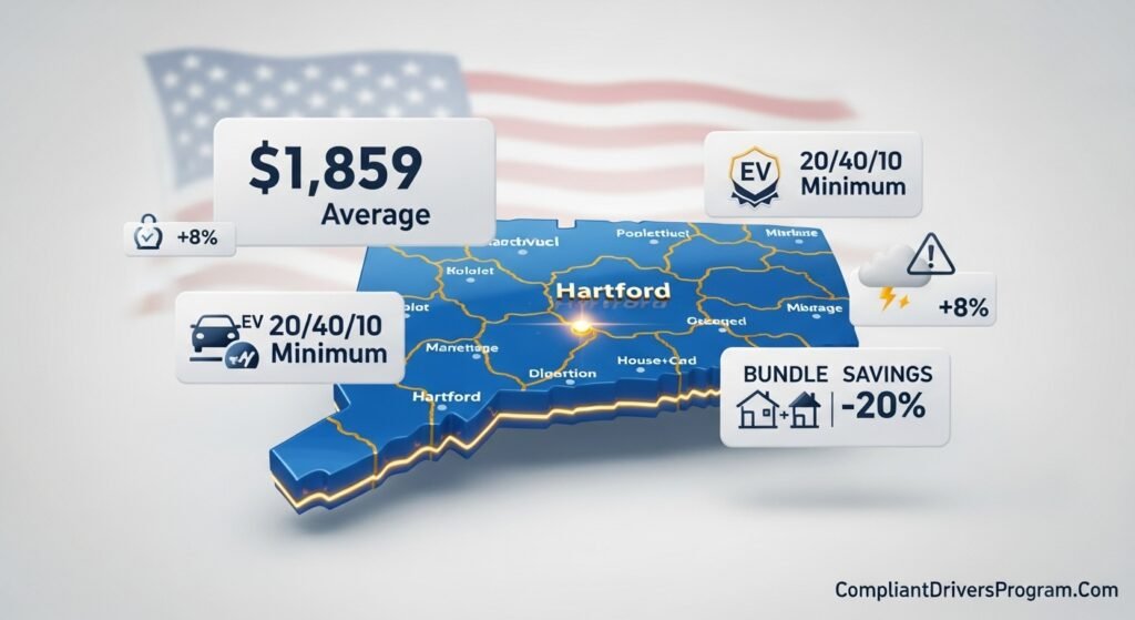 3D Connecticut state map showing $1,859 average car insurance rate, 20/40/10 minimum coverage requirements, EV surcharge, and bundle discount information for 2026