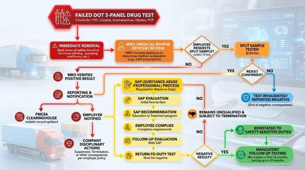 Consequences flowchart showing what happens after failing a DOT 5 panel drug test