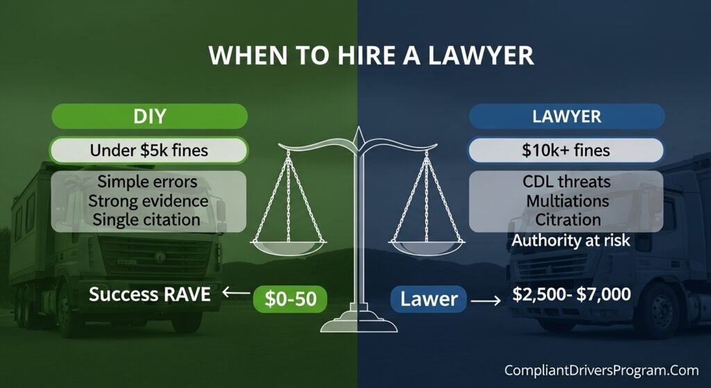 Decision guide comparing DIY DataQs appeals versus hiring a lawyer based on fine amounts and complexity