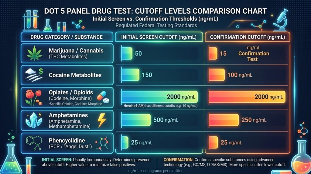 DOT 5 panel drug test cutoff levels comparison chart showing initial screen and confirmation thresholds