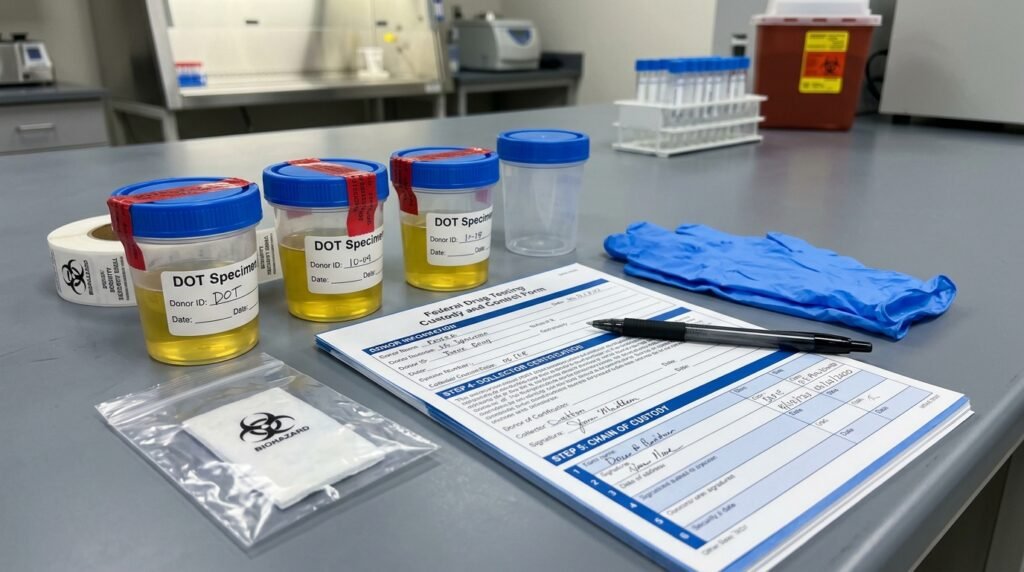 DOT 5 panel drug test urine specimen collection cups with chain-of-custody form on a lab table
