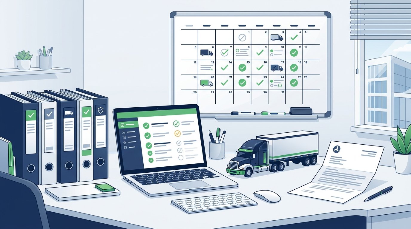 DOT audit preparation desk with organized compliance documents and safety checklist on laptop