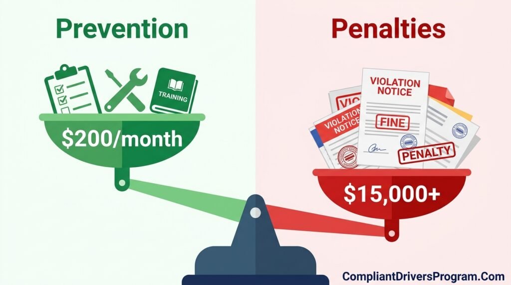 Cost comparison showing prevention investment versus FMCSA fine penalties