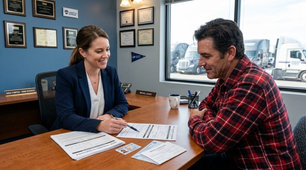 Trucking company HR manager reviewing commercial driver application documents with CDL applicant
