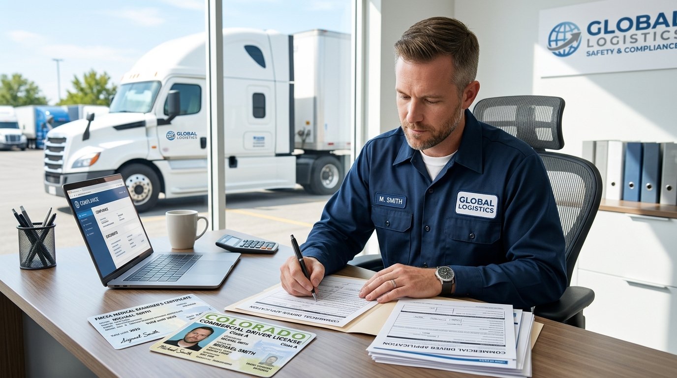 Commercial truck driver completing DOT driver application requirements with CDL and medical card documents on desk