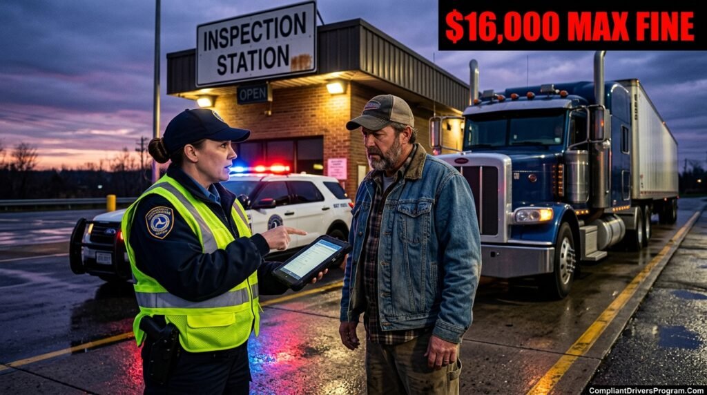 DOT officer with tablet inspecting truck driver hours of service records at weigh station with $16,000 max fine warning