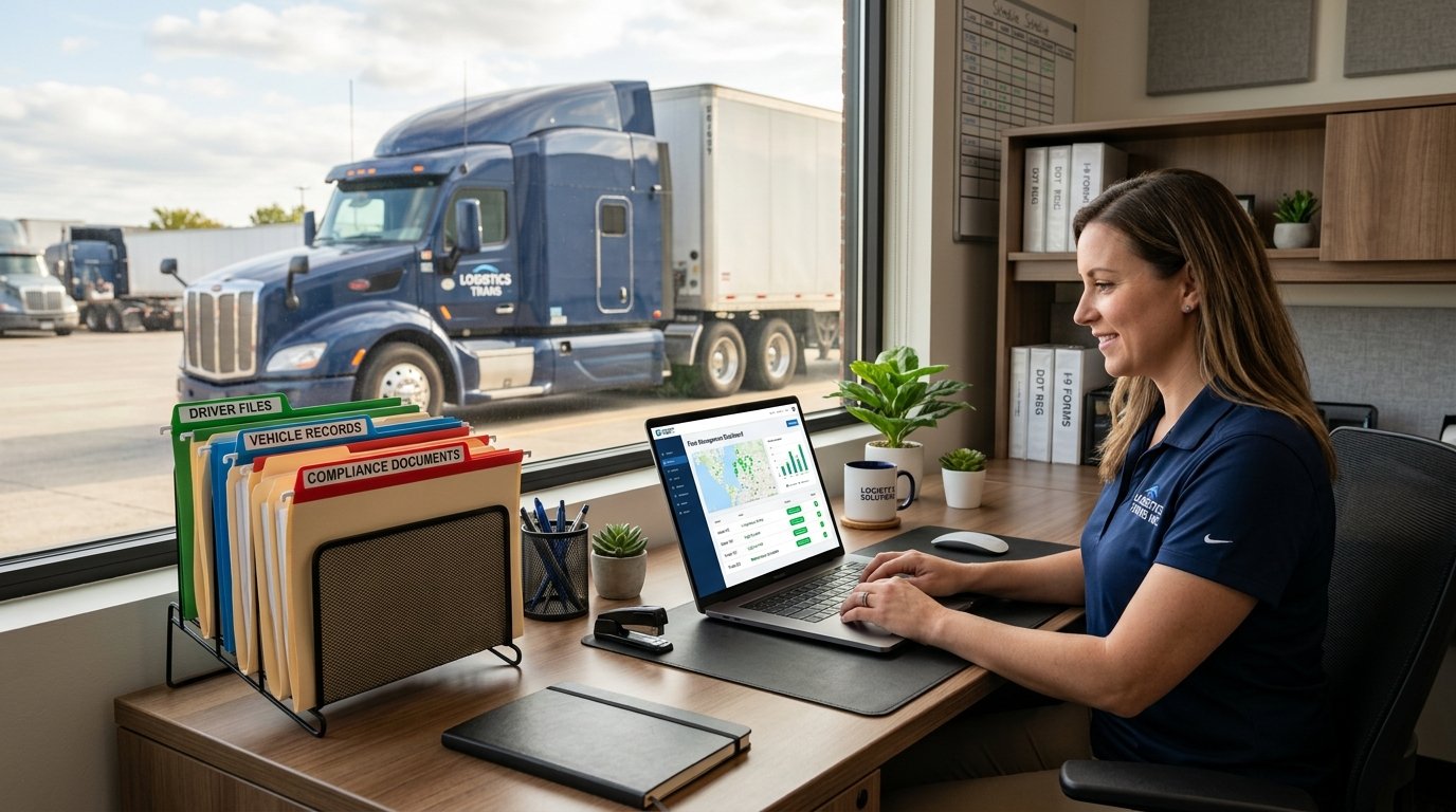 Organized DOT recordkeeping files and fleet compliance software on a trucking company office desk