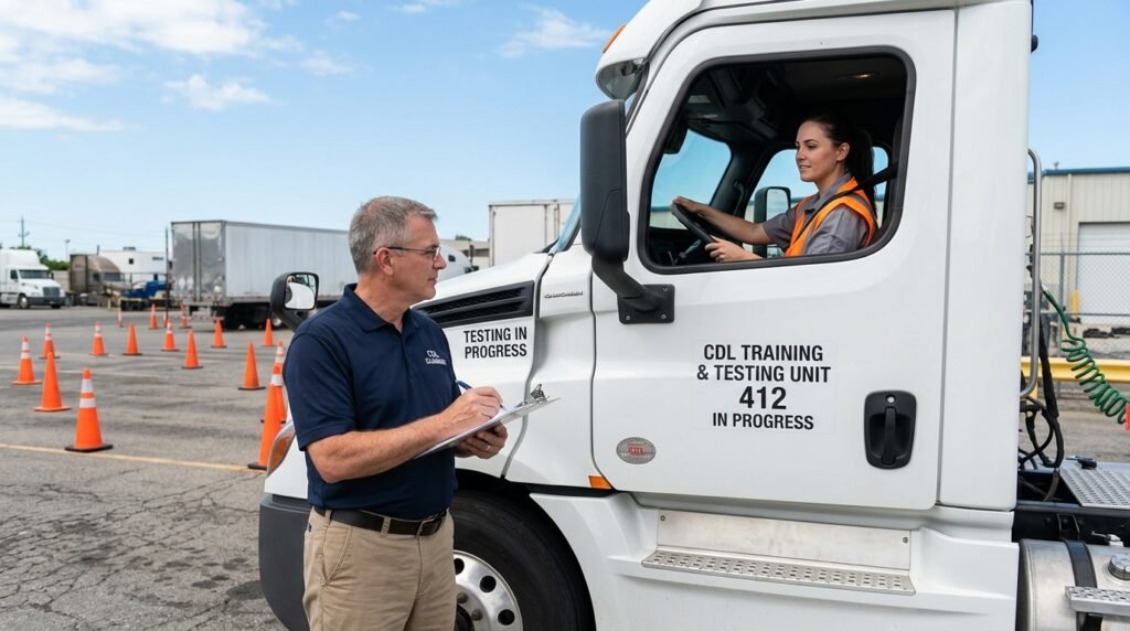 CDL examiner evaluating driver during road test certificate skills evaluation