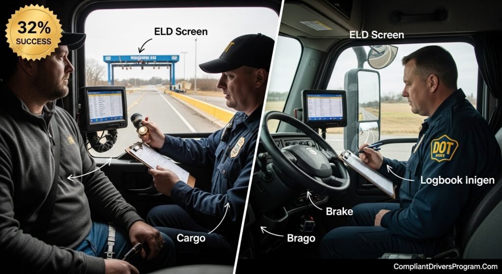 DOT officer conducting roadside inspection checking ELD device in semi-truck cab while driver observes the process