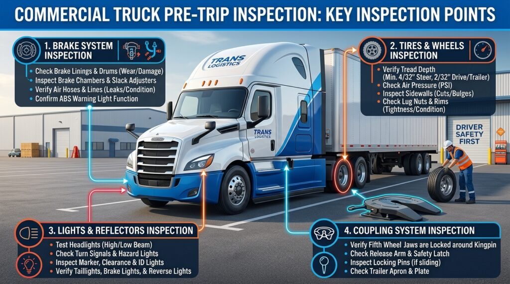 DOT inspection preparation checklist showing key truck areas to check and improve DOT safety compliance