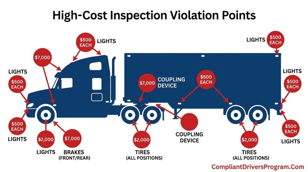 Commercial truck diagram showing common DOT inspection violation locations and penalty costs
