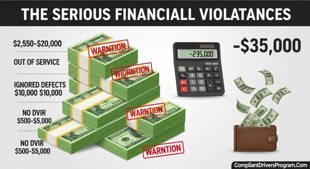 Infographic showing DOT fine amounts for post trip inspection violations ranging from $500 to $20,000