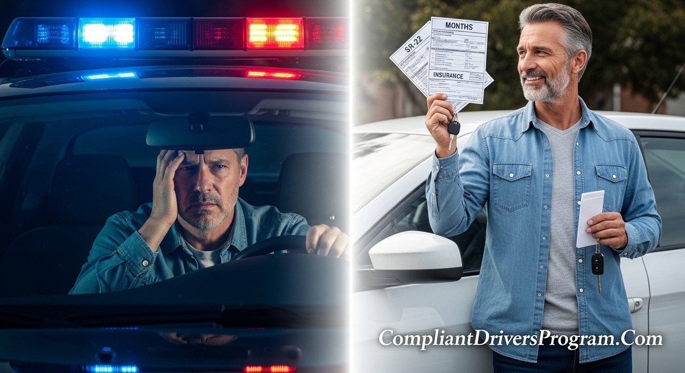 Driver recovering from DUI showing before and after journey from police stop to getting new car insurance with SR-22 filing in 2026