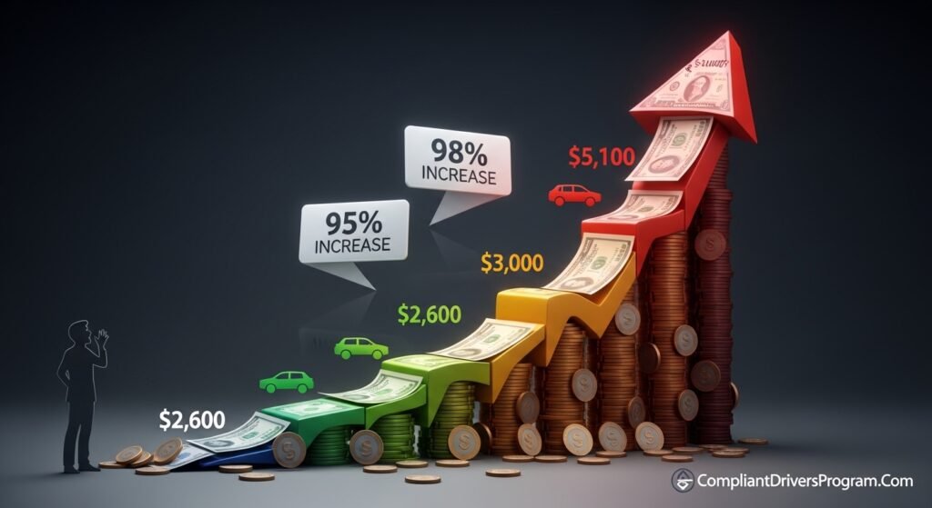 Graph showing car insurance premium increase from $2600 to $5100 after DUI conviction representing 95% rate jump in 2026