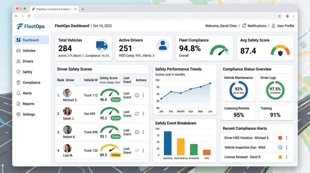 Fleet safety compliance dashboard tracking driver behavior and Compliant Drivers Program certification status