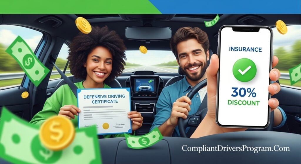 Comparison of top insurance companies offering defensive driving discounts from 5 to 30 percent including Progressive State Farm GEICO USAA