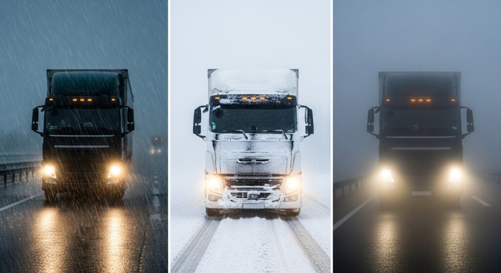Semi-truck safely navigating rain, snow, and fog using defensive driving methods