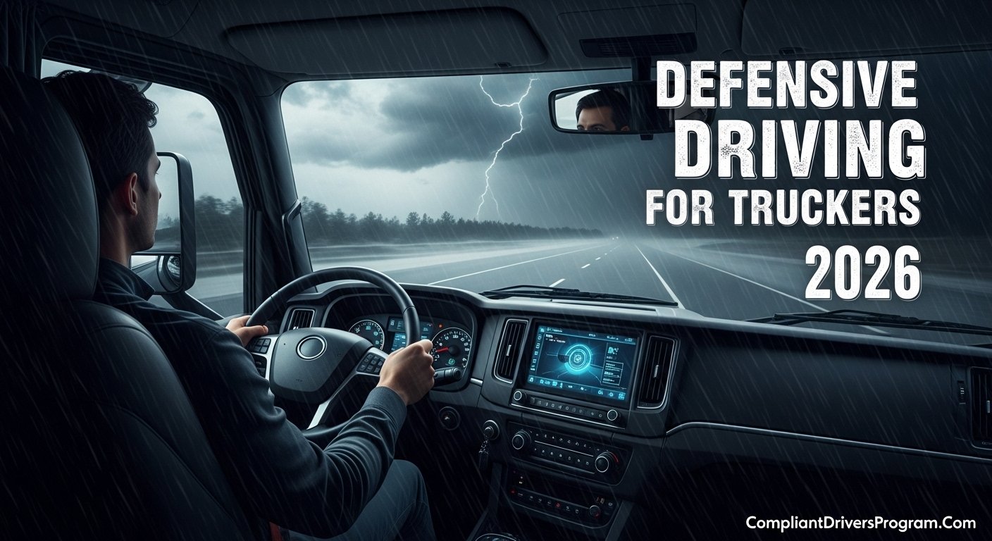 Professional truck driver using defensive driving techniques during storm on highway