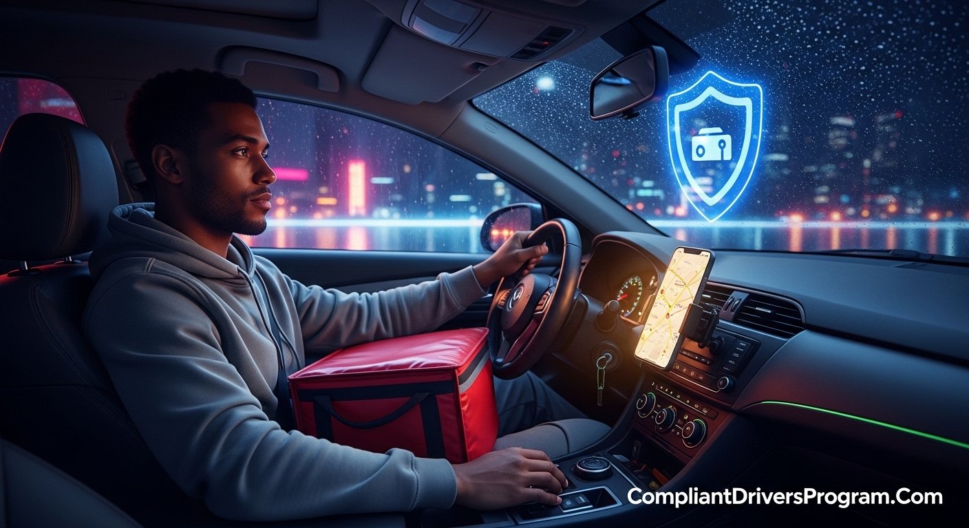 A delivery driver sitting in car at night with food delivery bag and smartphone showing delivery app protected by digital insurance shield icon