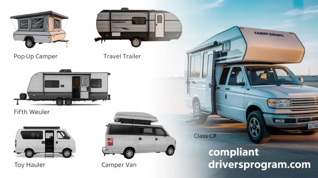 Six different camper types including travel trailers, fifth wheels, and camper vans