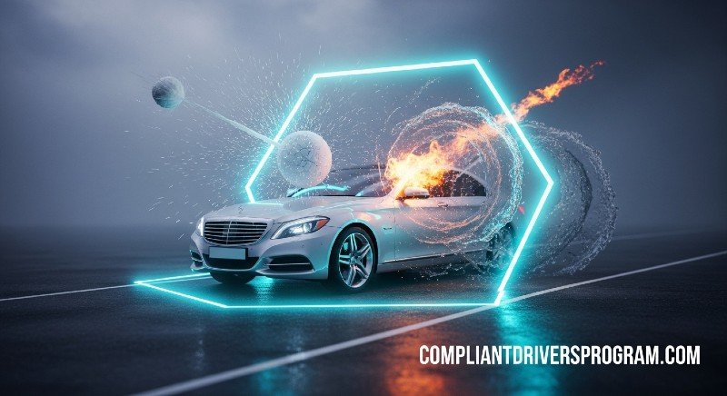 A futuristic digital shield protecting a car from hail, fire, and flood damage.