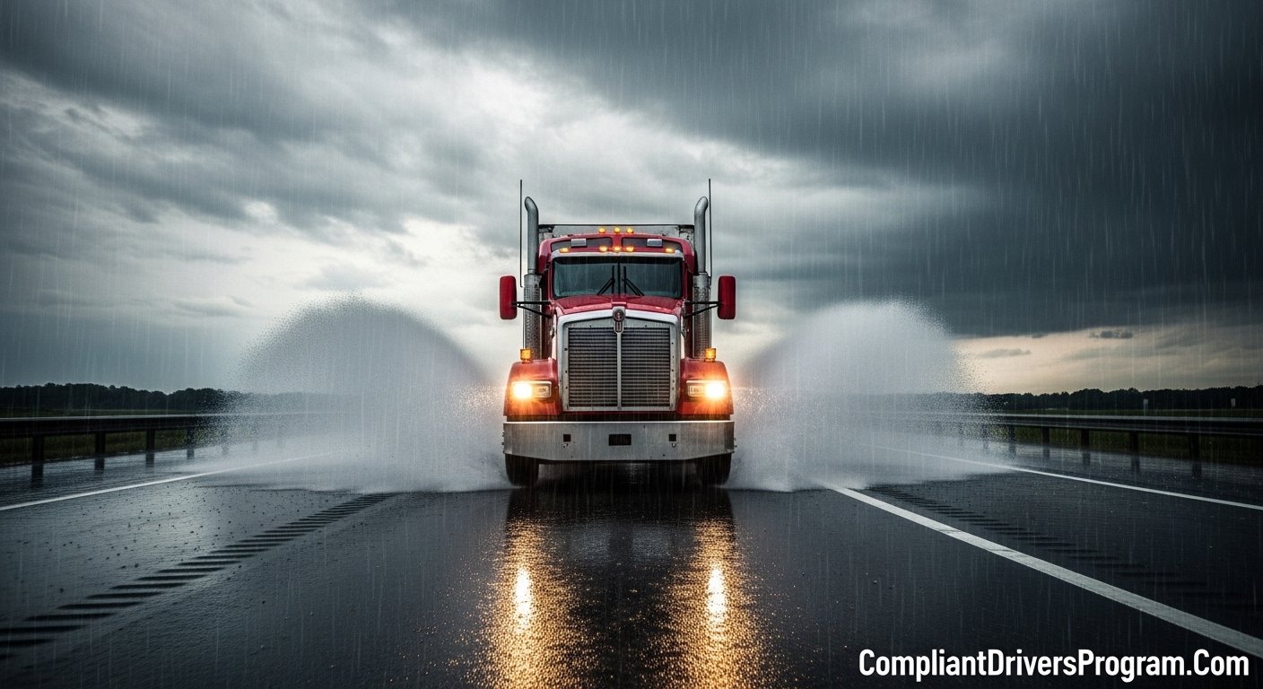Semi truck driving through heavy rain on a wet highway with headlights on and water splashing from tires