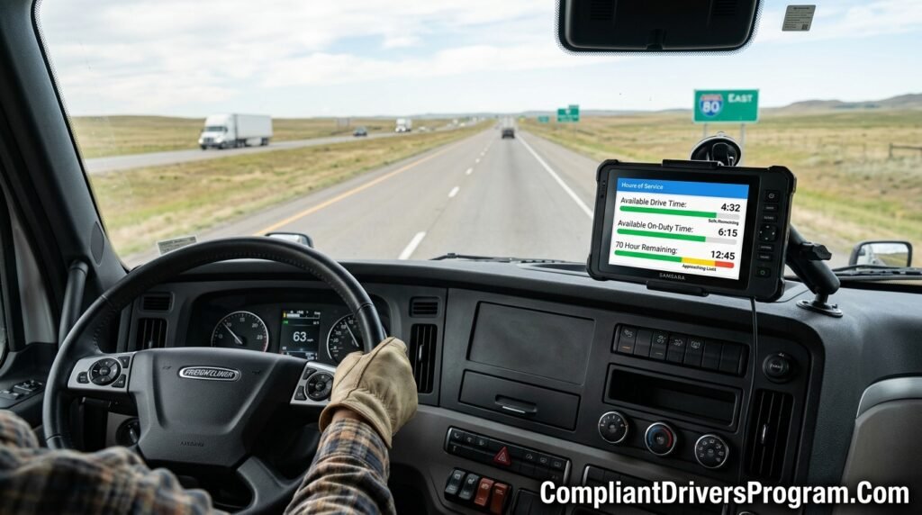 Close-up of ELD tablet on truck dashboard displaying remaining hours under the 70 hour rule trucking regulation