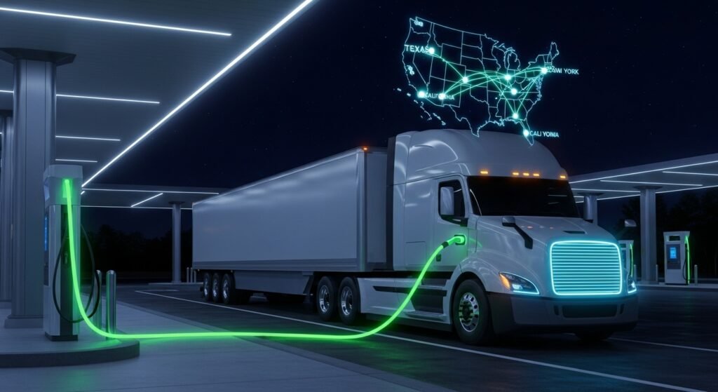 Electric semi truck charging with AI route map overlay