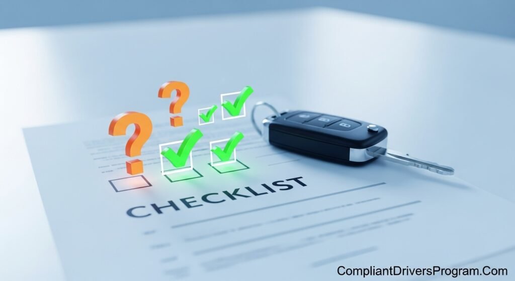 Car keys resting on a checklist with question marks turning into green checkmarks.