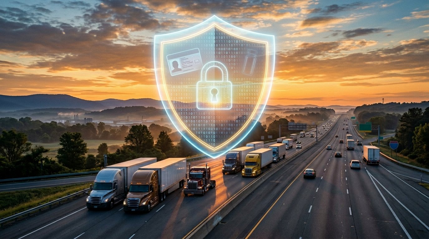 Digital shield hovering over interstate highway with semi-trucks representing FMCSA Clearinghouse protection and CDL drug testing compliance