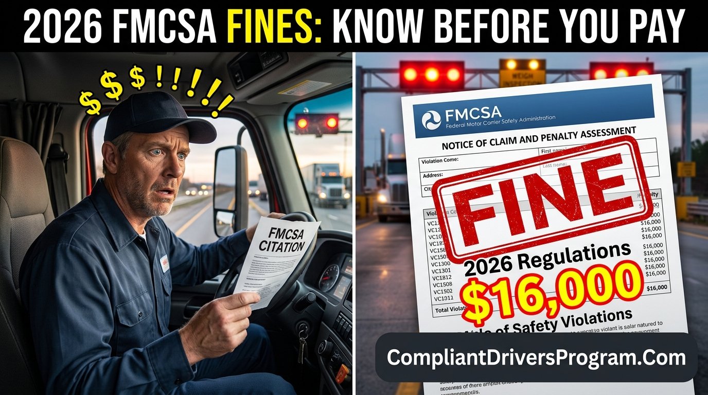 Truck driver reviewing FMCSA violation fines and DOT penalties at weigh station