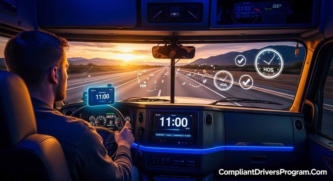 Professional truck driver checking ELD device showing 11-hour driving limit countdown at sunset on highway