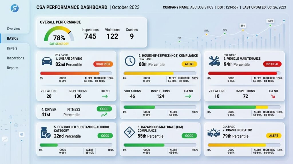 FMCSA Safety Measurement System dashboard showing CSA scores and how to improve DOT safety.