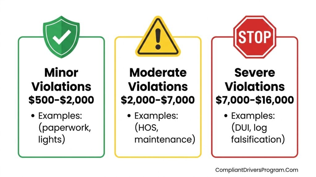 FMCSA fine calculator showing minor, moderate, and severe violation penalty amounts