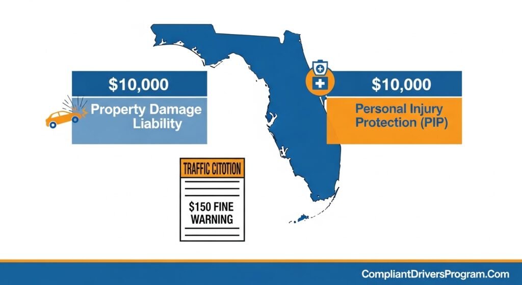 Infographic showing Florida motorcycle insurance requirements with $10K PIP and property damage
