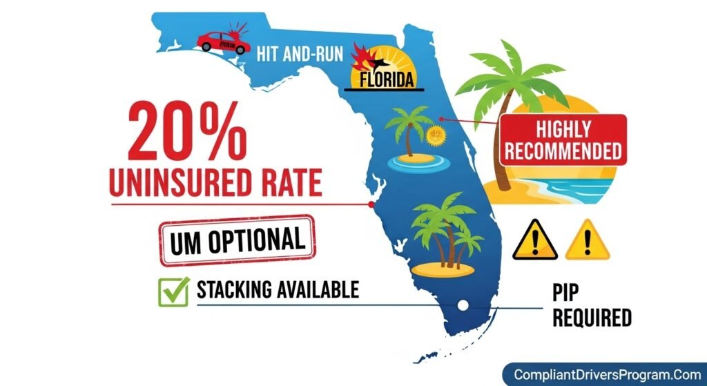 Florida state map showing 20% uninsured driver rate and UM coverage requirements