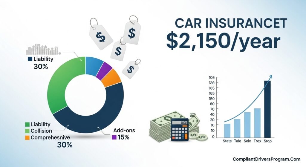 Pie chart infographic showing full coverage car insurance cost breakdown with 2026 average rate of $2150 per year